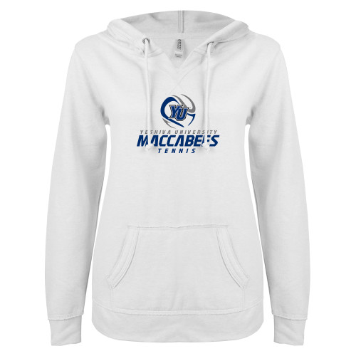  ENZA Womens White V Notch Raw Edge Fleece Hoodie - Maccabees Tennis Stacked
