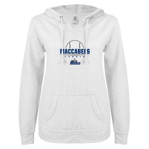  ENZA Womens White V Notch Raw Edge Fleece Hoodie - Maccabees Tennis Half Ball