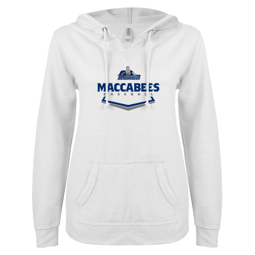 ENZA Womens White V Notch Raw Edge Fleece Hoodie - Maccabees Baseball Plate