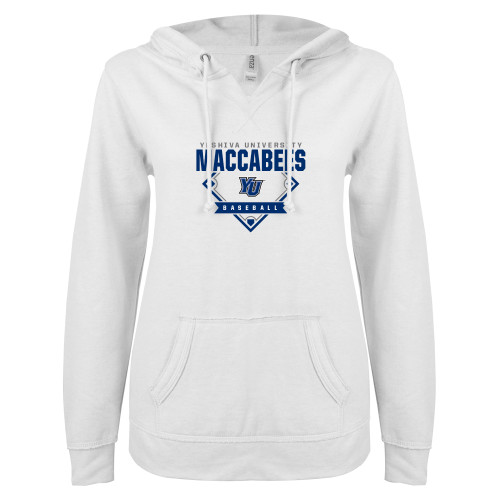  ENZA Womens White V Notch Raw Edge Fleece Hoodie - Maccabees Baseball Diamond