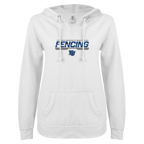 ENZA Womens White V Notch Raw Edge Fleece Hoodie - Maccabees Fencing Bar
