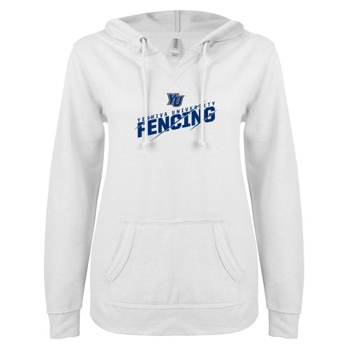  ENZA Womens White V Notch Raw Edge Fleece Hoodie - Yeshiva University Fencing Slashed