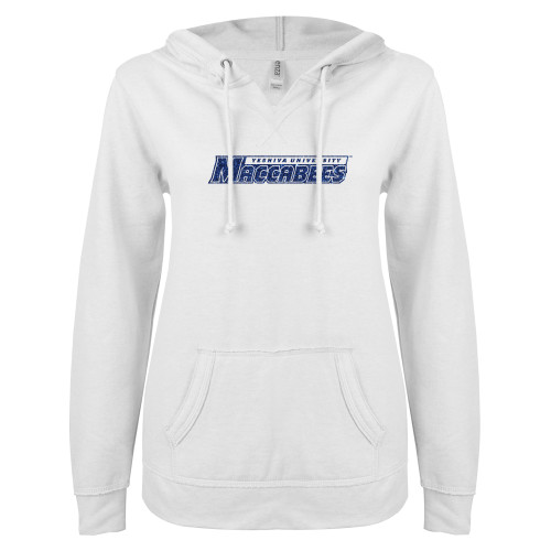  ENZA Womens White V Notch Raw Edge Fleece Hoodie - Yeshiva University Maccabees Dark Blue Glitter