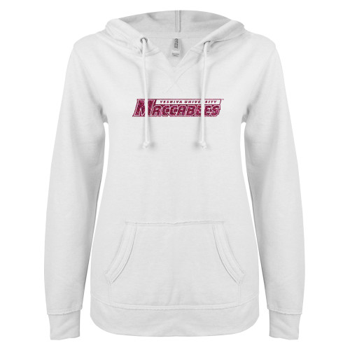 ENZA Womens White V Notch Raw Edge Fleece Hoodie - Yeshiva University Maccabees Hot Pink Glitter