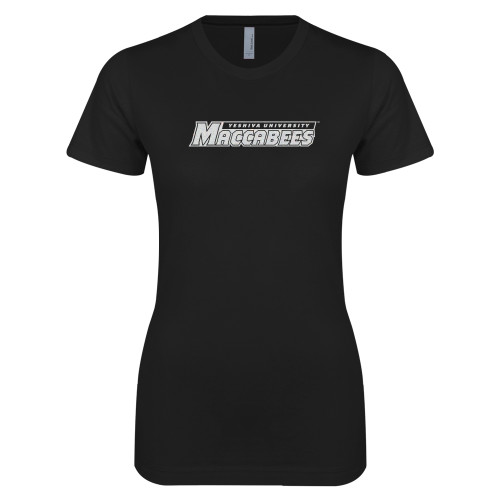  Next Level Womens Black Boyfriend Tee - Yeshiva University Maccabees White Soft Glitter