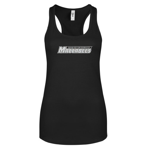  Next Level Womens Black Racerback Tank  - Yeshiva University Maccabees White Soft Glitter