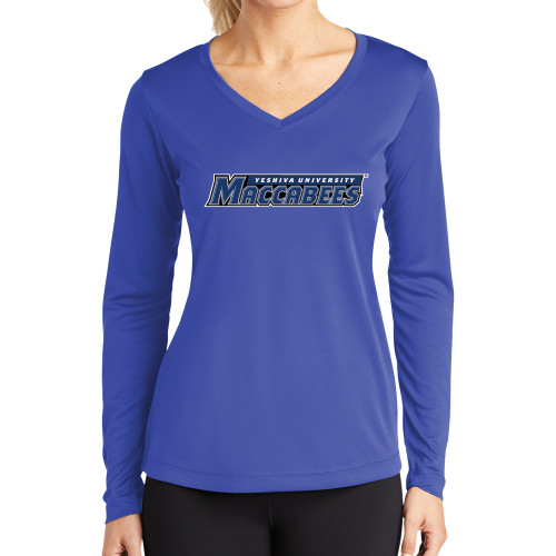  Womens Royal Performance Long Sleeve V Neck Shirt - Yeshiva University Maccabees