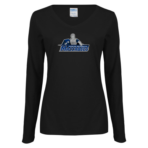  Womens Black Long Sleeve V Neck Tee  - Primary Logo