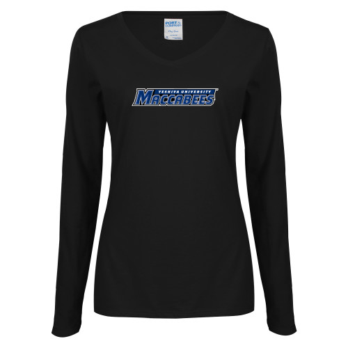  Womens Black Long Sleeve V Neck Tee  - Yeshiva University Maccabees