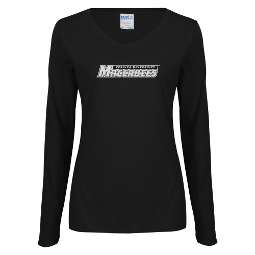  Womens Black Long Sleeve V Neck Tee  - Yeshiva University Maccabees White Soft Glitter