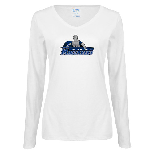 Womens White Long Sleeve V Neck Tee - Primary Logo