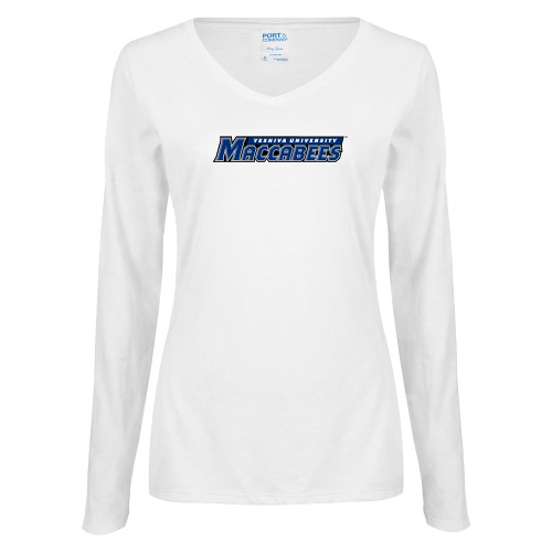  Womens White Long Sleeve V Neck Tee - Yeshiva University Maccabees