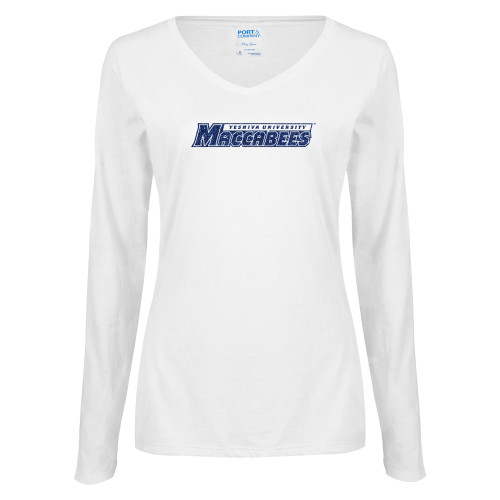 Womens White Long Sleeve V Neck Tee - Yeshiva University Maccabees Dark Blue Glitter