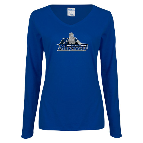  Womens Royal Long Sleeve V Neck Tee  - Primary Logo