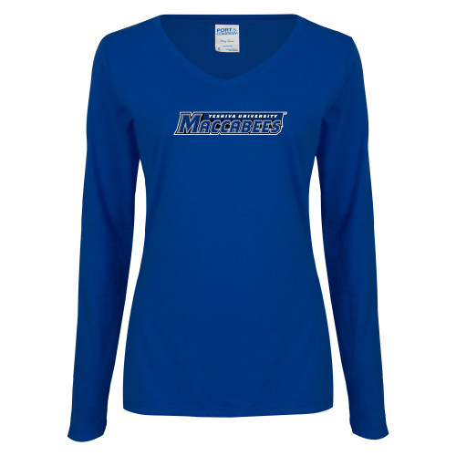  Womens Royal Long Sleeve V Neck Tee  - Yeshiva University Maccabees