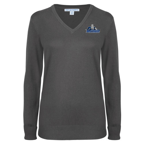  Womens Charcoal Heather VNeck Sweater - Primary Logo