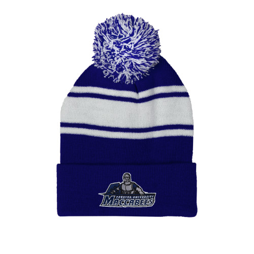  Royal/White Two Tone Knit Pom Beanie w/Cuff - Primary Logo