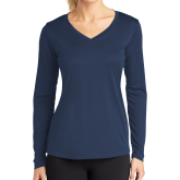 Womens Navy Performance Long Sleeve V Neck Shirt-Select-A-Logo