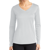 Womens White Performance Long Sleeve V Neck Shirt-Select-A-Logo