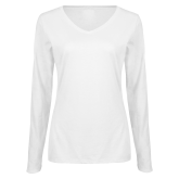 Womens White Long Sleeve V Neck Tee-Select-A-Logo