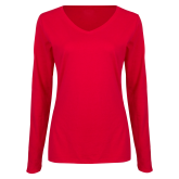 Womens Red Long Sleeve V Neck Tee-Select-A-Logo