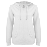 ENZA Womens White V Notch Raw Edge Fleece Hoodie-Select-A-Logo