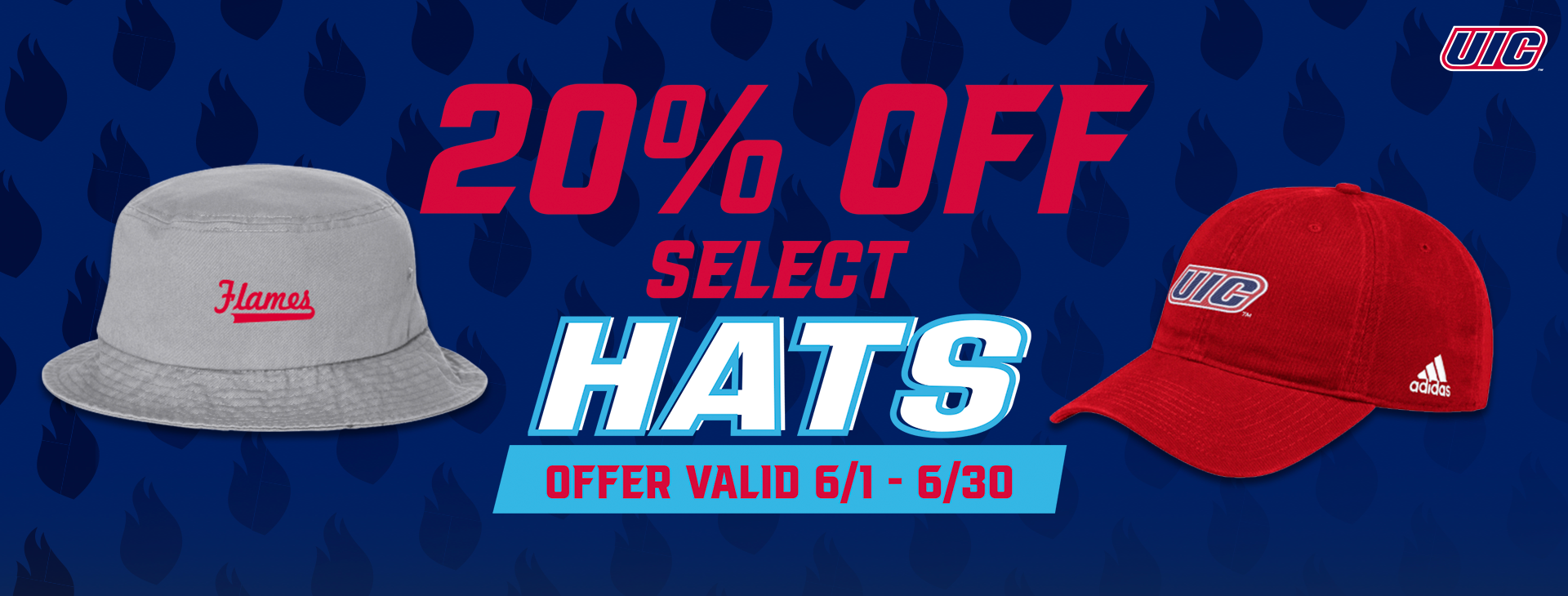 Promotional Offer Reads 20 % off Select hats. Offer Valid June 1st through June 30th