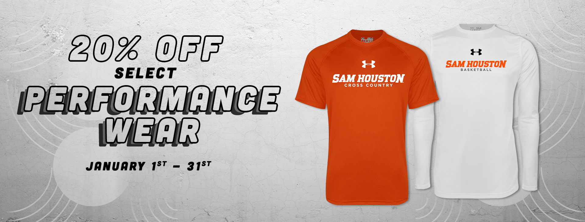 Promotional text reading '20% off select Performance Wear from January 1st-31st.' The background features a textured gray design with two performance shirts to the right of the text.