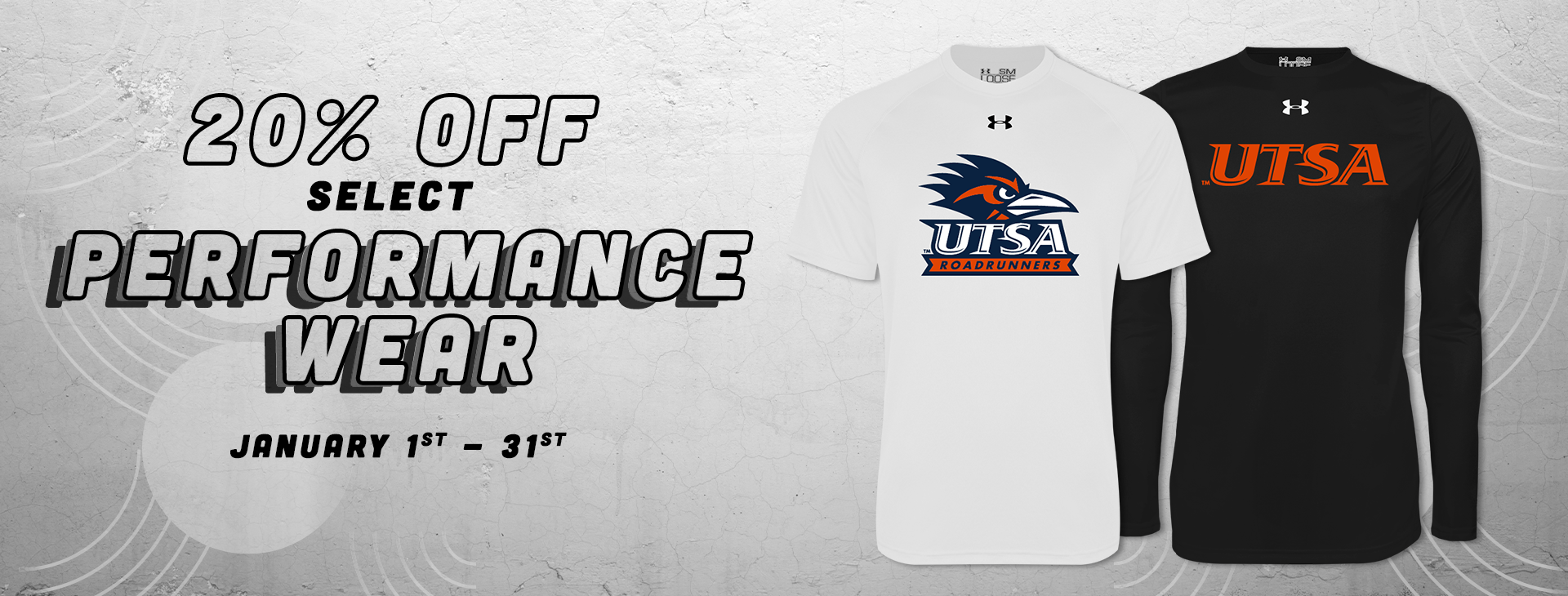 Promotional text reading '20% off select Performance Wear from January 1st-31st.' The background features a textured gray design with two performance shirts framing the text.