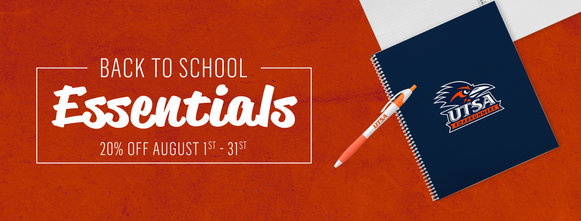 Promotional text reading Back to School Essentials 20% off August 1 - 31