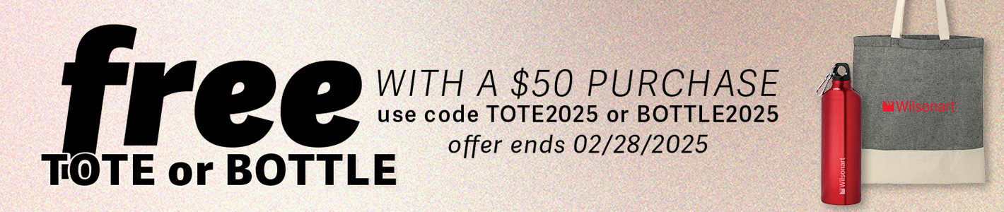 Promotional text reading 'Free Tote or Bottle with a $50 purchase – Use code TOTE2025 or BOTTLE2025. Offer ends 2/28/2025.' The background features a simple textured design framing the text.